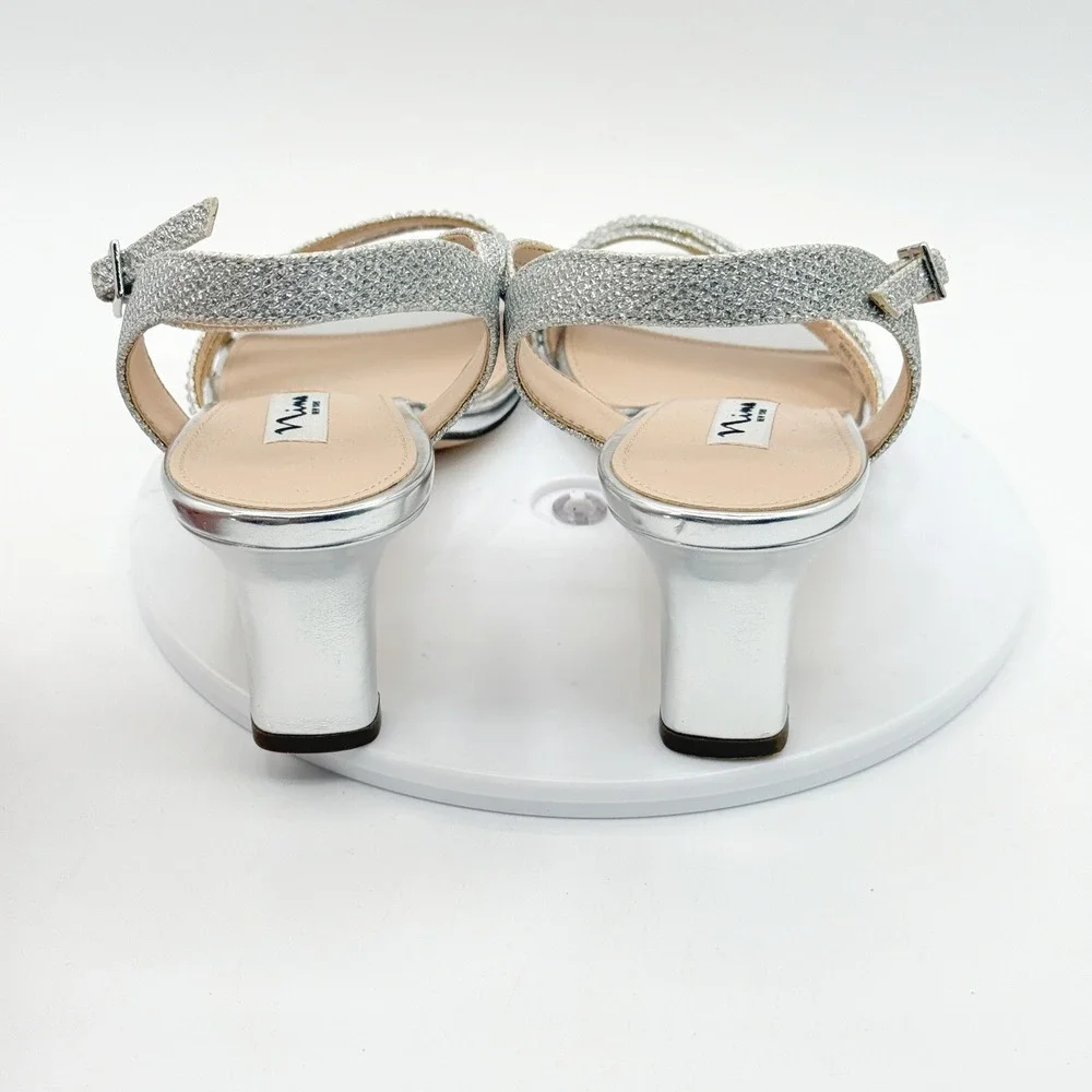 Nina Nelena Silver Glitter Size 9 Womens Strappy Kitten Heel Sandal NEW no box